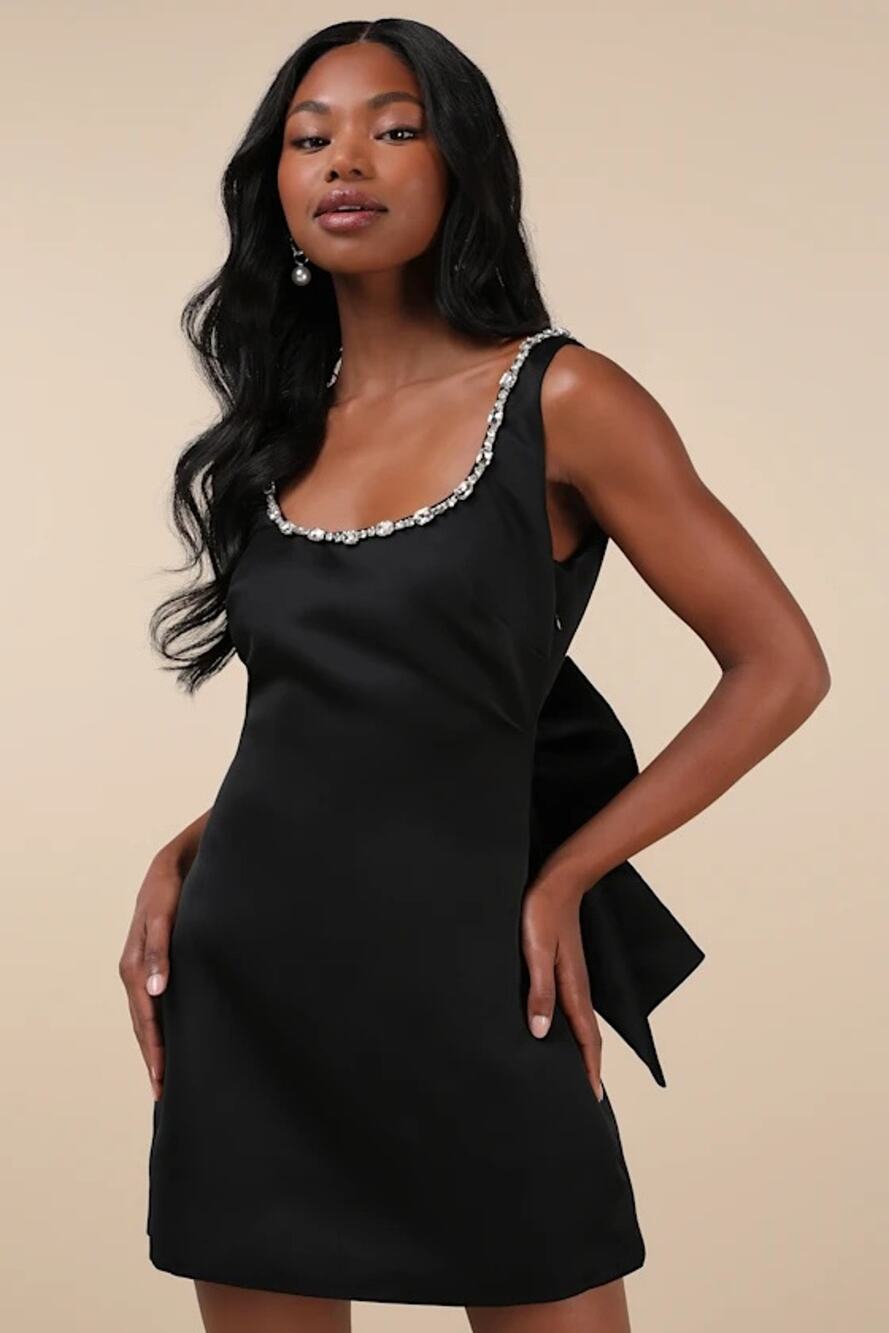 NWT The Frolic Cloe Black Rhinestone Backless Bow Mini Dress XS
